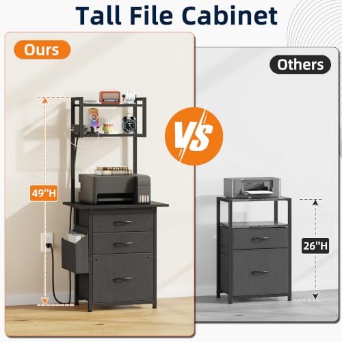 HIGDBFE 3 Drawer File Cabinet with Charging Station, 49''H Tall, 3-Tier Small Filing Cabinet for Home Office, 20''*15'' for Small Printer, Fabric Drawer, Printer Stand, Black - Image 4