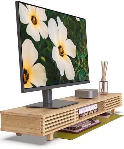 Bamboo 42” Dual Monitor Stand with Sliding Doors Desk Shelf by WELLWENG