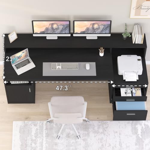 65" Black Computer Desk with 3 Drawers & Printer Shelf for Home Office - Image 4