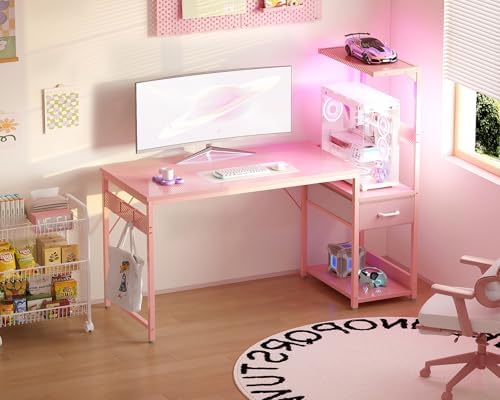 Casaottima 48 Inch Gaming Desk with Storage & LED Lights, Reversible Computer Desk with Display Shelves & Fabric Drawer, Modern Gamer Desk Table with Side Headphone Hook, Carbon Fiber Pink - Image 2