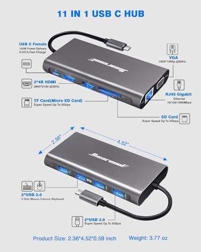 Hiearcool USB C Docking Station, 11-in-1 Dock, HDMI, VGA, Ethernet, Grey - Image 3