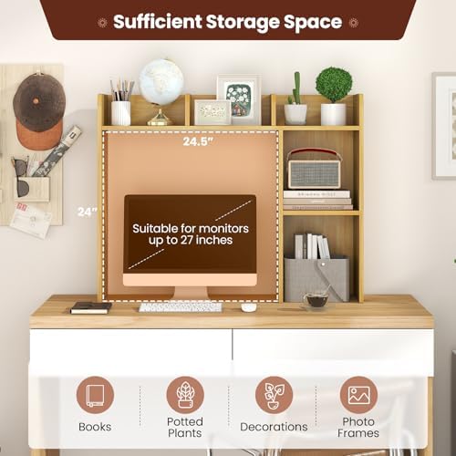 BECOMFORT Desk Hutch, Desk Organizer Shelf w/ 5 Storage Compartments, up to 27” Monitor, Wooden Display Rack, Desktop Bookshelf for Vanity Dressing Tabletop College Dorm Home & Office - Image 4