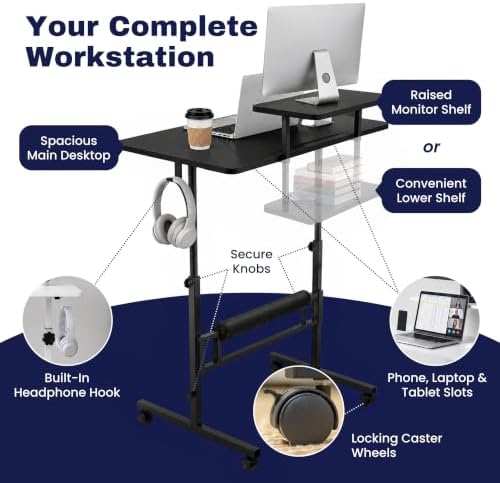 Small Rolling Desk with Wheels, Adjustable Height 27"-43.3" Portable Standing Desk, 31.5"x15.7" Tabletop, Mobile Laptop Computer Table for Home Office Workstation, Black - Image 6