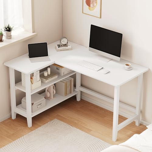 IOTXY 45" Reversible L-Shaped Office Desk with Storage Shelves, White by IOTXY