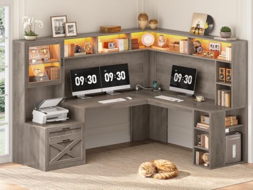 SEDETA 68" Farmhouse L Shaped Office Desk with Hutch, Storage Drawers by SEDETA