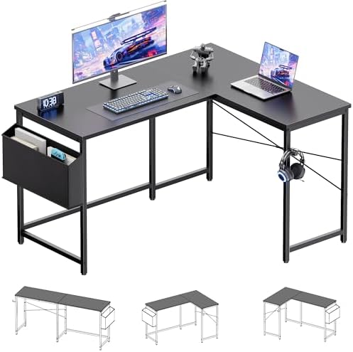 Pamray 47 Inch Reversible L Shaped Gaming Desk Corner Computer Desk with Storage Bag Home Office Table for Writing Study Black - Image 4