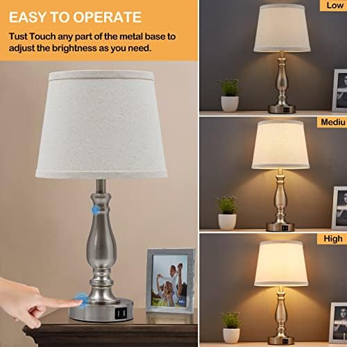 EJIAXIN Lamps for Bedrooms Set of 2, Brushed Nickel Bedside Lamps with USB C+A Ports,Dimmable Nightstand Lamps with Fabric Lampshade, Touch Table Lamp for Living Room Bedroom Office, Bulbs Included - Image 2