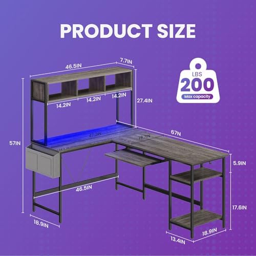 DUMOS 67" L Shaped Gaming Desk, Reversible Computer Desks with LED Lighting, Corner Desk for Compact Spaces with Keyboard Tray & Storage Shelf, Metal Frame PC Gaming Table for Home Office, Gray - Image 3