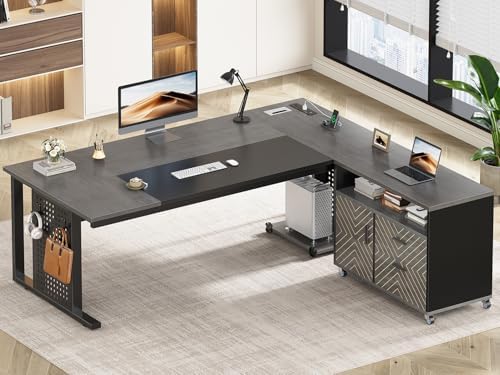 SEDETA 71" Executive Desk with Rolling File Cabinet, Large Office Desk with Drawers, L Shaped Computer Desk with Power Outlets, CPU Stand, Pegboard and Storage Shelves, Gray by SEDETA