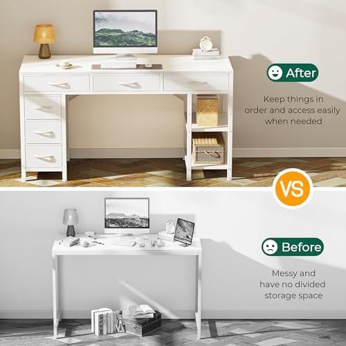 Huuger Computer Desk with 6 Drawers, Office Desk with Shelves, Reversible Gaming Desk, Corner Desk with Storage, Work for Home Office, Study, Living Room, 47inch, White - Image 5