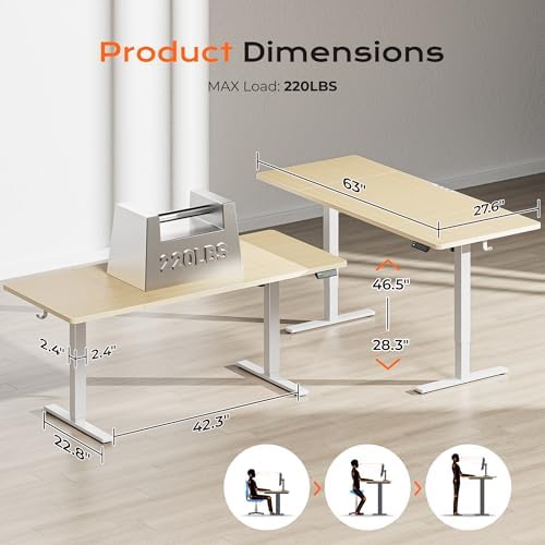 Huuger 63 x 28 Large Electric Standing Desk, Height Adjustable Computer Desk, 27.6" Deep Desktop, Stand up Gaming Office Table with 2 Hooks, 3 Preset Heights, for Home Office, Maple, 7021Q-1 - Image 2