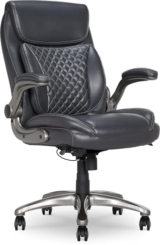 Amazon Basics Ergonomic Executive Office Chair with Adjustable Lumbar Support, Flip-up Arms, Height Adjustable, 360° Rolling Swivel, Computer Desk Chair, Grey Leather by AmazonBasics