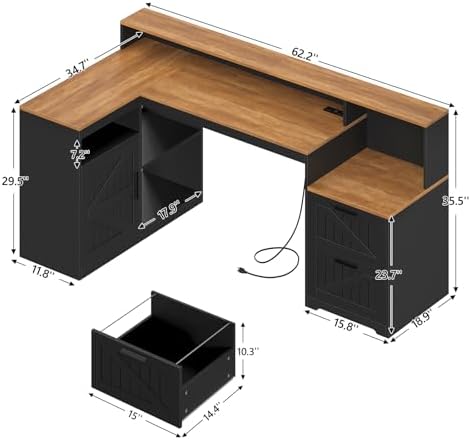 65" Farmhouse Computer Desk with Drawers and Printer Stand for Home Office - Image 2