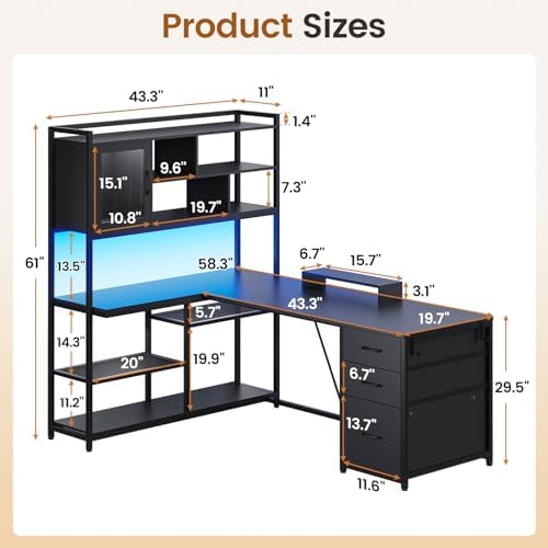 SEDETA 58'' L Shaped Computer Office Desk with 3 Drawers and Bookshelf - Image 2