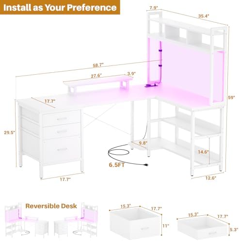 Aheaplus L Shaped Gaming Desk with Hutch, Gaming Desk with Led Lights, Reversible Computer Desk with Power Outlet, Corner Desk with File Drawer & Monitor Stand, Storage Shelves for Home Office, White - Image 2
