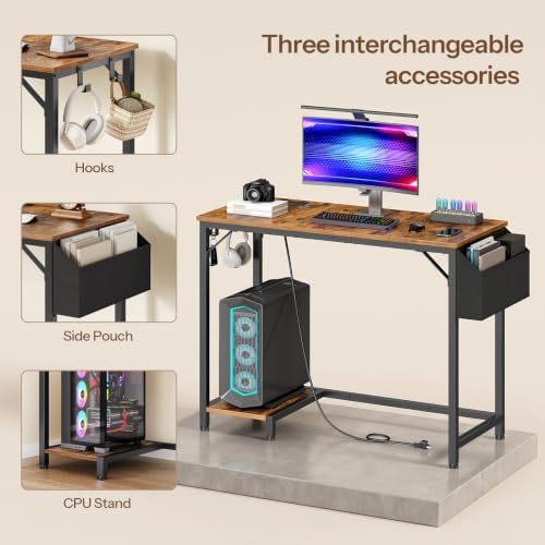 HOOBRO Small Gaming Desk, Computer Desk with Charging Station, Rustic Brown - Image 5