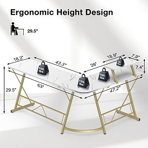 Mr IRONSTONE 63" L Shaped Gaming Desk, Corner Computer Desk, Home Office Writing Desk with Sturdy Monitor Shelf, Spacious L Shaped Desk Workstation, Easy to Assemble, Laminate Marble - Image 3