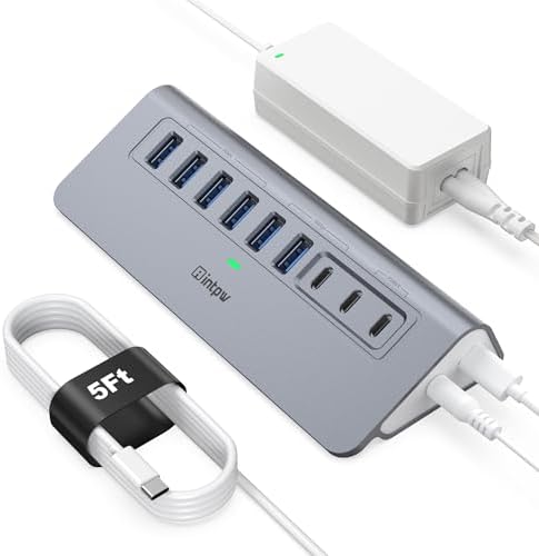 Powered USB Hub 10Gbps, intpw YH6AC 9-Port USB HUB with 10Gbps USB A/USB C 3.2, 4 USB 3.0, 2 PD 45W Charging Port, 65W Power Adapter + 5FT Cable, Aluminum USB Hub for Laptop, PC,iPhone 17/16 by intpw