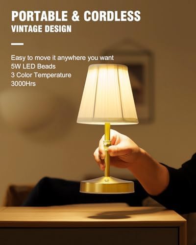 5W Mini Cordless Lamp Gold,3000 mah Small Battery Operated Lamp,Vintage Small Table Lamps,3 Level Dimmable Rechargeable Lamps,Decorative Dining Table Light,Mini Lamps for Kitchen,Nightstand,Bedroom - Image 2
