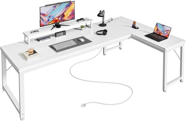 PRAISUN 53" L Shaped Computer Desk, Power Outlets, Monitor Stand, White by PRAISUN