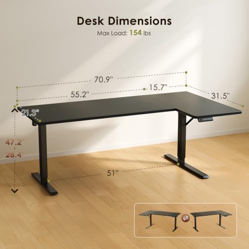OffiGo 71" Reversible L Shaped Electric Standing Desk, Carbon Fiber Black - Image 3