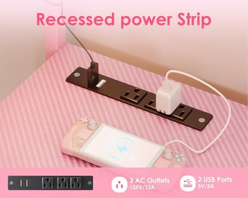 MOTPK 43" L Shaped Gaming Desk with Shelf & 4 Drawers, Carbon Fiber Pink - Image 5