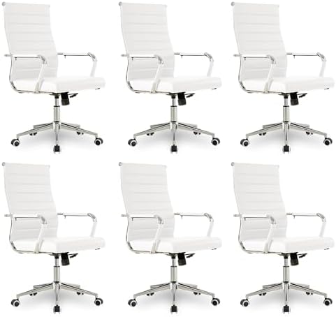 Okeysen Office Desk Chair, Ergonomic Leather Modern Conference Room Chairs, Executive Ribbed Height Adjustable Swivel Rolling Chair for Home Office Set of 6. (White) by Lepdep