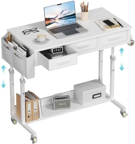 White Portable Rolling Computer Desk - 40 Inch Adjustable Mobile Standing Teacher Desks with 3 Fabric Drawers on Wheels, Couch Sofa Side Laptop Stand Up Table with Storage for Home Office, White by Unknown