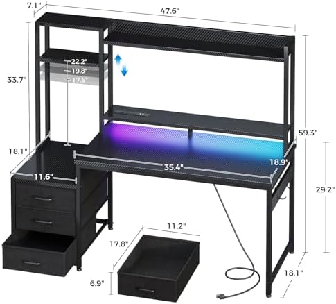 Casaottima 48 Inch Gaming Desk with Shelves & 3 Drawers & LED Light & Hutch - Image 3