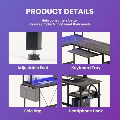 DUMOS 67" L Shaped Gaming Desk, Reversible Computer Desks with LED Lighting, Corner Desk for Compact Spaces with Keyboard Tray & Storage Shelf, Metal Frame PC Gaming Table for Home Office, Gray - Image 4