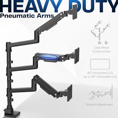 VIVO Pneumatic Arm Triple Ultrawide Monitor Extra Tall Desk Mount for Up to 49 inch Screens, Heavy Duty Clamp, Holds 3 Ultra Wides Up to 44 lbs, Black, STAND-V300D - Image 5