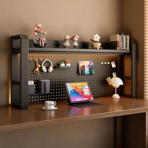 2/3/4 Tier Desktop Bookshelf with Pegboard and Storage Parts, Metal Desktop Organizer Hutch, Desk Shelves for Top of Desk, Shelf Organizer Display Rack for Dorm Home(Black,2-Tier L61in) by Unknown