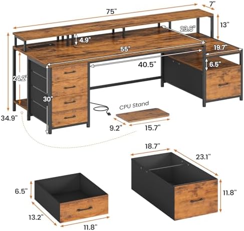 SEDETA 75'' Large Home Office Desk with 5 Drawer, Power Outlet, File Drawer - Image 2