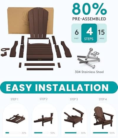 SERWALL Outdoor Folding Adirondack Chairs Set of 2 with Cup Holder, Coffee - Image 5