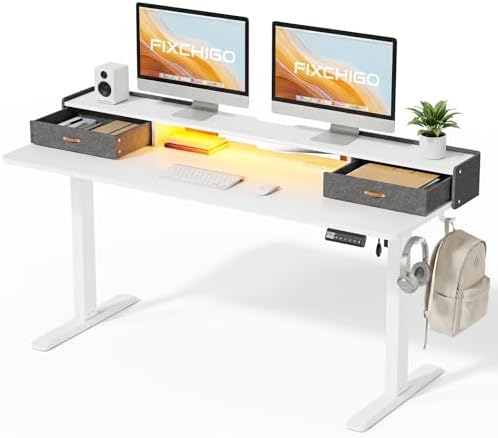 Electric Standing Desk with Drawers, 63 Inch Height Adjustable Desk with Power Outlets & LED Lights, Sit Stand Table with Monitor Stand for Home, Office, White by Unknown