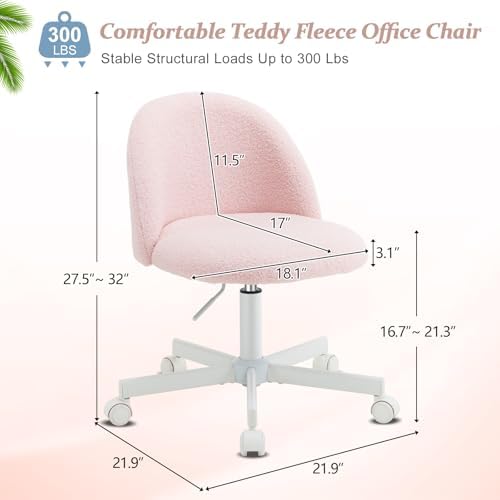 VINGLI Cute Candy Chair Armless Comfy Small Office Desk Vanity Chair with Wheels & Lumbar Support,Teddy Adjustable Rolling Swivel Computer Task Ch for Home Office,Bedroom,Gentle Pink - Image 2