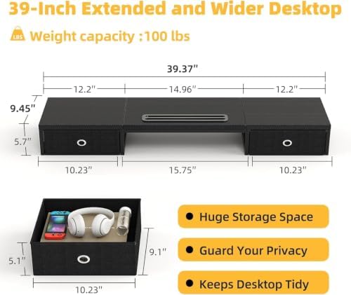 Mexin 39" Dual Monitor Stand Riser with 2 Storage Drawers, Carbon Fiber Computer Desk Organizer for 2 Monitors, Heavy Duty 100 Lbs Desktop Stand with Phone Tablet Holder for Home Office, Black - Image 3