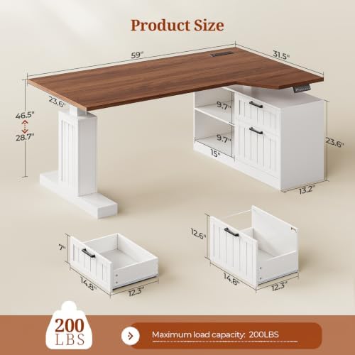 UPOSOJA 59" Farmhouse L Shaped Standing Desk with File Drawers, Electric Executive Desk Adjustable Height with Power Outlets, Storage Shelves, Sit Stand Corner Computer Desk for Home Office, White - Image 2