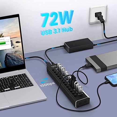 Rosonway 13-Port Powered USB 3.2 Hub 10Gbps, Aluminum USB Hub 72W,RSH-A13 - Image 3