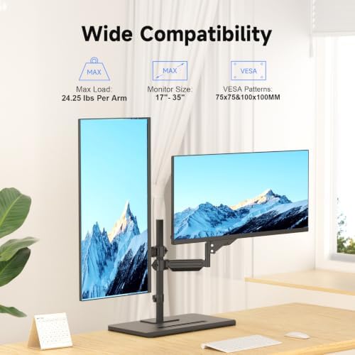 Suptek Freestanding Dual Monitor Stand for 2 Screens up to 35 Inches, Height Adjustable Monitor Arms Hold 24.25 lbs Each, Full Motion Dual Monitor Mount with Large Stable Base, VESA 75/100 - Image 2