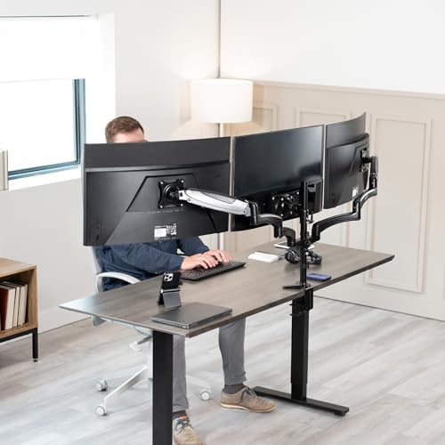 VIVO Triple Pneumatic Monitor Mount for 3 Screens up to 32 inches, Fully Adjustable, Heavy Duty Desk Stand with C-Clamp, Black, STAND-V300G - Image 2