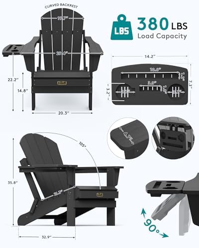 SERWALL Folding Adirondack Chair, 4 in 1 Cup Holder Patio Chair - Black - Image 2
