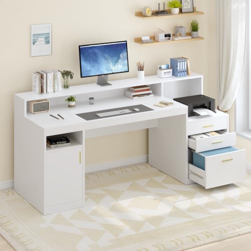 65" White Computer Desk with 3 Drawers & Printer Shelf for Home Office - Image 3