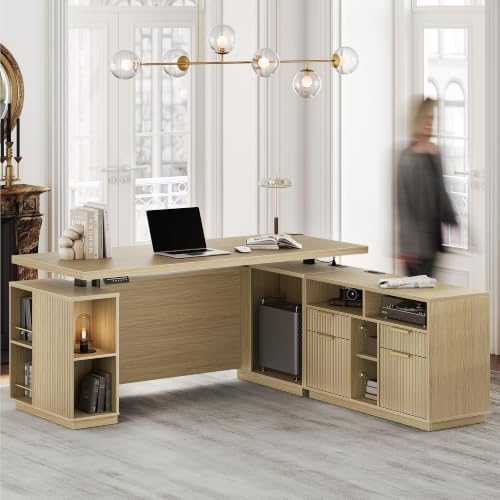 Standing Desk with File Cabinet, 70 Inch L Shaped Electric Height Adjustable Executive Desk with AC/USB and Privacy Panel, Computer Corner Table for Home Office, Light Walnut by Perledesign%E2%80%93WorkinStyle