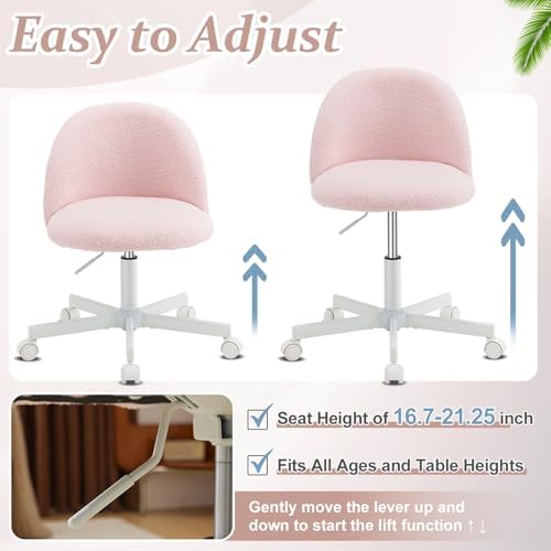 VINGLI Cute Candy Chair Armless Comfy Small Office Desk Vanity Chair with Wheels & Lumbar Support,Teddy Adjustable Rolling Swivel Computer Task Ch for Home Office,Bedroom,Gentle Pink - Image 6