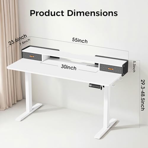 Electric Standing Desk with Drawers, 55 Inch Height Adjustable Desk with Power Outlets & LED Lights, Sit Stand Table with Monitor Stand for Home, Office, White - Image 2