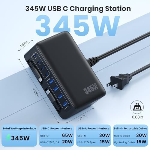 345W USB C Charger 10 in 1 Retractable Wall Charger with 2 Cables,GaN 6 USB C Charging Station Phone Charging PD Laptop Charger Adapter for MacBook Pro/Air,DELL,iPhone17/16/15,Galaxy S24,Android etc - Image 4
