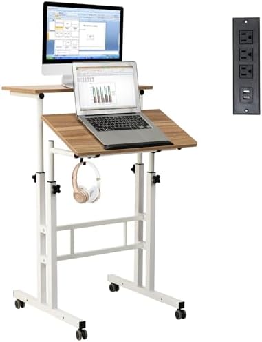 Hadulcet Mobile Standing Desk with Charging Station, Adjustable Standing Computer Desk, Standing Adjustable Laptop Cart with Wheels for Home Office Classroom Vintage Oak by Hadulcet
