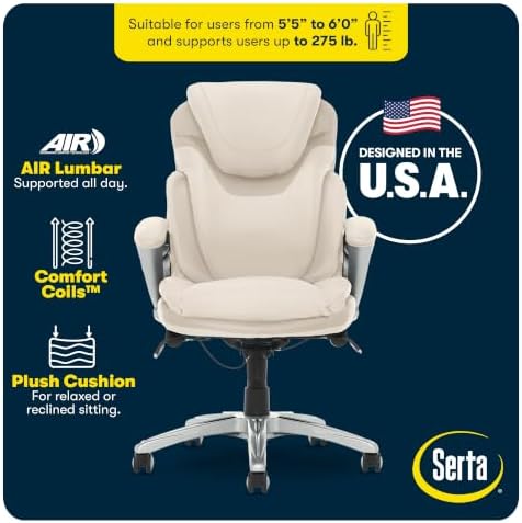 Serta Bryce Executive Office Chair - Ergonomic Computer DeskChair with Lumbar Technology - Adjustable Height - Memory Foam Body Pillows - 360° Swivel Rolling Base - Bonded Leather - Cream - Image 5