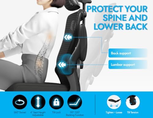 Ergonomic Office Chair: Mesh Desk Chair Comfy with Headrest& Lumbar Support - Image 6